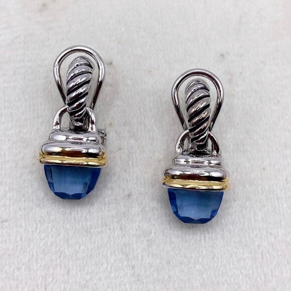 Vintage Blue Crystal Earrings Two Tone Silver Gold - Picture 2 of 6